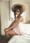  1girl aro_(charged_time_out) bare_shoulders bedroom black_eyes black_hair from_side hat indoors looking_at_viewer on_bed original panties pink_panties see-through short_hair_with_long_locks sitting solo sun_hat tagme underwear 