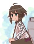  1girl 2015 4suke ahoge alternate_eye_color alternate_hair_color aqua_eyes artist_name bag bangs blush brown_hair commentary_request dated hair_between_eyes handbag hayasui_(kantai_collection) kantai_collection long_sleeves simple_background smile solo track_jacket white_background zipper 