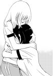  2girls blush closed_eyes holding hug kase-san kase_(kase-san) monochrome multiple_girls official_art short_hair t-shirt takashima_hiromi tears yamada_(kase-san) yuri 