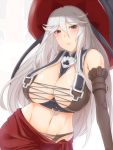  1girl bare_shoulders breasts brown_eyes elbow_gloves gloves granblue_fantasy hat huge_breasts long_hair looking_at_viewer magisa_(granblue_fantasy) midriff navel schizanthus_(artist) silver_hair simple_background smile solo white_background witch_hat 