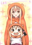  1girl animal_costume blonde_hair brown_eyes chibi doma_umaru dual_persona hamster_costume highres himouto!_umaru-chan hood long_hair open_mouth solo tukisiro_nao 