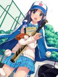  1girl baseball baseball_bat baseball_cap baseball_mitt blue_eyes blue_hair blush book hat hisho_collection jacket jacket_on_shoulders long_hair open_clothes open_jacket open_mouth school_uniform skirt solo sweater track_jacket yokaze_japan 