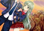  1boy 1girl girlfriend_(kari) green_eyes green_hair head_out_of_frame masaoka_mai necktie plaid plaid_skirt pleated_skirt school_uniform skirt sunset tagme tomaton 