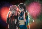  2girls akashi_(kantai_collection) arm_holding blush commentary_request fireworks glasses green_eyes hair_ribbon hairband holding_arm japanese_clothes jouhou kantai_collection kimono long_hair multiple_girls one_eye_closed ooyodo_(kantai_collection) open_mouth pink_hair ribbon school_uniform smile tress_ribbon twintails yukata 
