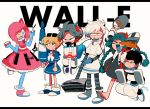  &gt;_&lt; 3boys 3girls ankle_boots apron aqua_eyes artist_name barefoot beret blonde_hair blue_hair blush boots braid bucket cape closed_eyes compact copyright_name defibrillator elbow_gloves floating gloves grey_hair hat karabako letterboxed lipstick makeup multicolored_hair multiple_boys multiple_girls paintbrush personification pink_hair sailor_collar sanpaku short_hair shorts simple_background smile standing_on_one_leg sunglasses sunglasses_on_head twin_braids umbrella vacuum_cleaner wall-e wavy_mouth white_background white_hair 
