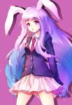  1girl :o animal_ears blazer blush drop_shadow highres long_hair looking_at_viewer mayonaka_taruho necktie open_mouth pleated_skirt purple_hair rabbit_ears reisen_udongein_inaba signature skirt solo touhou triangle_mouth twitter_username very_long_hair violet_eyes 
