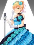 1girl bare_shoulders blonde_hair blush dress earrings flower gloves hair_bun hisho_collection jewelry looking_at_viewer microphone microphone_stand one_eye_closed paper short_hair sleeveless sleeveless_dress small_breasts smile solo tears tiara white_gloves wiping_tears yellow_eyes yokaze_japan 