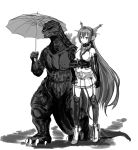  1girl commentary_request crossover godzilla godzilla_(series) kantai_collection long_hair monochrome nagato_(kantai_collection) okamura_(pixiv22341) tagme thigh-highs trait_connection umbrella very_long_hair 