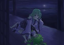  2girls barefoot blonde_hair bow braid crescent dark detached_sleeves frog_hair_ornament full_moon green_hair grin hair_bow hair_ornament highres kirisame_marisa kneehighs kneeling kochiya_sanae long_hair long_sleeves looking_at_viewer lying moon multiple_girls on_back on_person puffy_sleeves sasurai_no_kuchibuefuki shirt short_sleeves side_braid single_braid skirt smile touhou turtleneck vest water white_legwear wide_sleeves yuri 