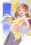  1girl amanogawa_kirara bikini brown_hair from_behind go!_princess_precure long_hair looking_back miyagoe_yoshitsuki one_eye_closed pantyhose precure racequeen swimsuit umbrella violet_eyes 