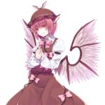  1girl animal_ears blush crote dress hands_on_own_chest hands_together hat highres mystia_lorelei pink_hair red_eyes short_hair simple_background smile solo touhou white_background wings 