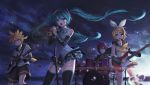  1boy 3girls aqua_eyes aqua_hair blonde_hair blue_eyes defiaz_(infinity) detached_sleeves drum drum_set electric_guitar floating_hair guitar hair_ornament hair_ribbon hairclip hatsune_miku highres instrument kagamine_len kagamine_rin long_hair megurine_luka microphone microphone_stand multiple_girls necktie open_mouth redhead ribbon short_hair shorts singing skirt sky smile sunrise thigh-highs twintails very_long_hair vocaloid 