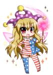 1girl :d alternate_legwear american_flag_dress american_flag_legwear blonde_hair blush chibi clownpiece fairy_wings frilled_collar hat jester_cap long_hair looking_at_viewer noai_nioshi open_mouth polka_dot red_eyes smile solo standing thigh-highs torch touhou white_background wings 
