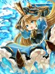  &gt;:o 1girl :o armor armored_dress arms_up bangs blonde_hair blue_dress blue_eyes blush breastplate charlotte_(granblue_fantasy) crown dress edobox frilled_dress frills granblue_fantasy hair_between_eyes holding holding_sword holding_weapon long_hair looking_at_viewer open_mouth pointy_ears puffy_short_sleeves puffy_sleeves short_sleeves solo sword water weapon 