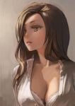  1girl aro_(charged_time_out) bangs bra breasts brown_eyes brown_hair cleavage dress_shirt hair_over_one_eye lace-trimmed_bra long_hair looking_away open_clothes open_shirt original parted_lips shirt solo swept_bangs underwear upper_body white_bra 