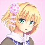  1girl blonde_hair flower gomi_(gomitin) green_eyes hair_flower hair_ornament looking_at_viewer mizuhashi_parsee open_mouth pink_background pointy_ears portrait scarf shirt smile solo touhou white_scarf 