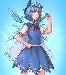  1girl blue_eyes blue_hair cape cirno commentary crown dress mefomefo shirt short_hair touhou wings 