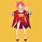  1girl ;d animal_ears cat_ears cat_paws full_body japanese_clothes jibanyan kimono looking_at_viewer lunchicken multiple_tails notched_ear one_eye_closed open_mouth paws personification red_eyes short_hair simple_background smile solo tail two_tails yellow_background yellow_eyes youkai_watch 
