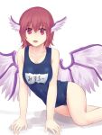  1girl :d alternate_costume animal_ears character_name collarbone commentary_request masa07240 mystia_lorelei name_tag one-piece_swimsuit open_mouth red_eyes redhead school_swimsuit short_hair smile solo swimsuit touhou white_background wings 