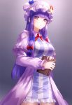  1girl bangs blue_bow blue_ribbon blunt_bangs book bow crescent_hair_ornament dress frilled_dress frilled_sleeves frills hair_ornament hair_ribbon hat hat_ribbon kfr long_hair looking_at_viewer patchouli_knowledge purple_hair red_bow red_ribbon ribbon solo touhou vertical_stripes violet_eyes 