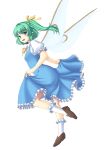  1girl blue_dress blue_hair daiyousei dress dress_lift fairy fairy_wings gomi_(gomitin) gradient green_eyes green_hair hair_ribbon looking_at_viewer open_mouth pointy_ears puffy_short_sleeves puffy_sleeves ribbon shirt short_sleeves side_ponytail simple_background smile solo touhou white_background wings 