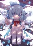  (9) 1girl blue_dress blue_eyes blue_hair cirno dress flower hair_ornament hair_ribbon ice ice_wings looking_to_the_side pout puffy_sleeves ribbon short_hair short_sleeves sitting socks solo starry_shizen touhou tree_shade white_legwear wings 