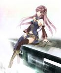  1girl aqua_eyes arm_support black_legwear boots cross-laced_footwear female hairband highres kisuiaki lace-up_boots long_hair looking_at_viewer megurine_luka open_mouth purple_hair simple_background sitting solo thigh-highs vocaloid white_background yellow_boots zettai_ryouiki 
