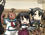  &gt;:) &gt;:o 3girls :o ahoge animalization bear black_hair blush dated fang hair_ribbon hakama_skirt hamu_koutarou kantai_collection kuma_(kantai_collection) multicolored_hair multiple_girls muneate naganami_(kantai_collection) necktie punching punching_bag ribbon sailor translated twintails two-tone_hair violet_eyes yellow_eyes zuikaku_(kantai_collection) 