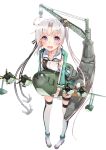  1girl ahoge airplane akitsushima_(kantai_collection) earrings gloves hair_ornament hat highres jewelry kantai_collection kou_mashiro long_hair machinery nishikitaitei-chan open_mouth side_ponytail silver_hair skirt smile solo uniform violet_eyes 