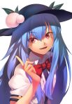  1girl blue_hair blush bowtie food fruit hat hinanawi_tenshi kaiza_(rider000) leaf long_hair looking_at_viewer open_mouth peach puffy_sleeves red_eyes short_sleeves simple_background smile solo touhou upper_body white_background 