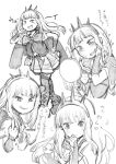  1girl :d blush boots cagliostro_(granblue_fantasy) cape granblue_fantasy greyscale grin hairband hand_on_hip heart long_hair looking_at_viewer middle_finger miniskirt mirror monochrome niku-name open_mouth simple_background skirt smile sweat thigh-highs translation_request white_background 