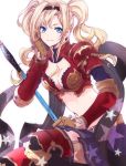  1girl armor belt bikini_armor black_skirt blonde_hair blue_eyes braid breasts brown_gloves cleavage cleavage_cutout garter_straps gb_hm gloves granblue_fantasy hair_intakes hairband hand_on_own_cheek holding holding_weapon long_hair looking_at_viewer midriff miniskirt navel polearm red_legwear shoulder_pads simple_background sitting skirt smile solo spear star thigh-highs twintails weapon white_background zeta_(granblue_fantasy) zettai_ryouiki 