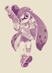  1girl bike_shorts bleedman domino_mask greyscale inkling mask monochrome sepia shoes sneakers solo splatoon super_soaker tentacle_hair wrist_cuffs 