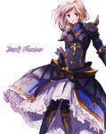  1girl armor armored_dress black_armor blonde_hair breastplate brown_eyes dark_fencer_(granblue_fantasy) dress gb_hm gita_(granblue_fantasy) granblue_fantasy no_headwear no_helmet open_mouth pauldrons short_hair simple_background solo spikes white_background 