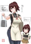  2girls apron bag blush breasts brown_eyes brown_hair comic denim grin hair_ribbon highres if_they_mated ise_(kantai_collection) jeans jewelry kantai_collection long_hair machinery mother_and_daughter multiple_girls one_eye_closed pants revision ribbon ring shoulder_bag skirt smile translated turtleneck wedding_band yano_toshinori 