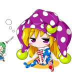  2girls american_flag_legwear american_flag_shirt blonde_hair bubble byourou chibi clownpiece detached_sleeves fairy_wings frog frog_hair_ornament gohei green_hair hair_ornament hat jester_cap kochiya_sanae long_hair multiple_girls pantyhose sleepy smile snake_hair_ornament star striped touhou translation_request violet_eyes wings 