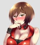  1girl blush breasts brown_eyes brown_hair caffein cleavage collar grey_background meiko nail_polish red_nails short_hair solo vocaloid 