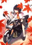  1girl black_hair camera full_body kaiza_(rider000) leaf looking_at_viewer maple_leaf motor_vehicle motorcycle no_hat puffy_sleeves red_eyes riding scarf shameimaru_aya shirt shoes short_hair short_sleeves skirt smile socks solo touhou vehicle white_legwear 