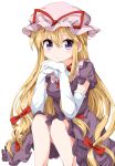  1girl blonde_hair bow elbow_gloves elbow_rest gloves hair_bow hat hat_ribbon long_hair mob_cap ribbon sash sitting solo touhou tsurukou_(tksymkw) very_long_hair violet_eyes yakumo_yukari 