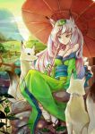  1girl animal_ears bare_shoulders breasts fox fox_ears leaf leaf_on_head long_hair oboro_muramasa oriental_umbrella sitting solo spark_(sandro) umbrella 