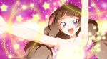  1girl amanogawa_kirara arms_up brown_hair go!_princess_precure henshin long_hair precure purple_background smile solo star starry_background twintails upper_body violet_eyes yuto_(dialique) 