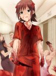  1girl amami_haruka blood blood_on_face bloody_clothes brown_hair commentary_request green_eyes highres idolmaster kaiga knife looking_at_viewer prison prison_clothes prison_shank ribbon short_hair violence weapon 