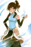  1girl :d artist_name avatar:_the_last_airbender bare_shoulders brown_hair dark_skin detached_sleeves fur_trim hair_tubes high_ponytail korra legend_of_korra long_hair open_mouth smile solo takashima_hiromi 