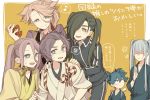  6+boys alternate_hairstyle blue_eyes blue_hair closed_eyes green_eyes green_hair hachisuka_kotetsu heterochromia japanese_clothes kasen_kanesada kousetsu_samonji male_focus multiple_boys musical_note nikkari_aoe pink_hair purple_hair quaver saku_anna sayo_samonji souza_samonji speech_bubble spoken_musical_note spoken_squiggle squiggle thought_bubble touken_ranbu translation_request twintails 