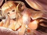  1girl ahoge anira_(granblue_fantasy) black_skirt blonde_hair blush breasts edobox eyebrows eyebrows_visible_through_hair fur_trim gloves granblue_fantasy horns large_breasts looking_at_viewer lying miniskirt on_stomach sheep_horns skirt smile solo thick_eyebrows white_gloves yellow_eyes 