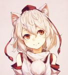  1girl albino amoranorem animal_ears blush detached_sleeves fang hat head_tilt inubashiri_momiji looking_to_the_side pom_pom_(clothes) red_eyes shirt short_hair simple_background smile solo string tokin_hat touhou upper_body white_hair wolf_ears 