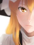  1girl amino_(tn7135) blonde_hair blurry close-up face hat kirisame_marisa light_particles lips long_hair looking_at_viewer out_of_frame signature simple_background solo touhou turtleneck upper_body white_background witch_hat yellow_eyes 