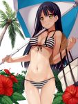  1girl bikini black_hair blush breasts brown_eyes cleavage front-tie_top hair_ornament hairclip hat hat_around_neck hisho_collection long_hair looking_at_viewer navel smile solo straw_hat striped striped_bikini striped_swimsuit swimsuit umbrella yokaze_japan 