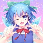  1girl ;d blue_eyes blue_hair blush cirno gradient gradient_background hair_ornament hair_ribbon ho-cki ice ice_wings looking_at_viewer one_eye_closed open_mouth puffy_sleeves ribbon short_hair short_sleeves smile star touhou upper_body wings 