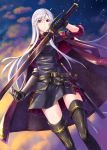  1girl :&lt; armband bangs belt black_boots boots cape clouds cuffs from_below frown gauntlets gloves jacket long_hair looking_at_viewer original red_eyes sheath sheathed silver_hair sky solo swept_bangs thigh-highs thigh_boots unsheathed very_long_hair yukikaze_(aaassszzz) 
